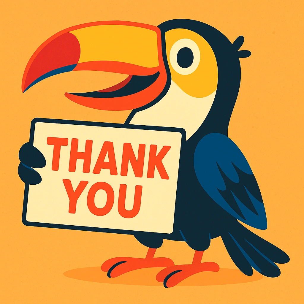 joyful colorful toucan with big smile holding 'thank you' sign, cartoon style emoji