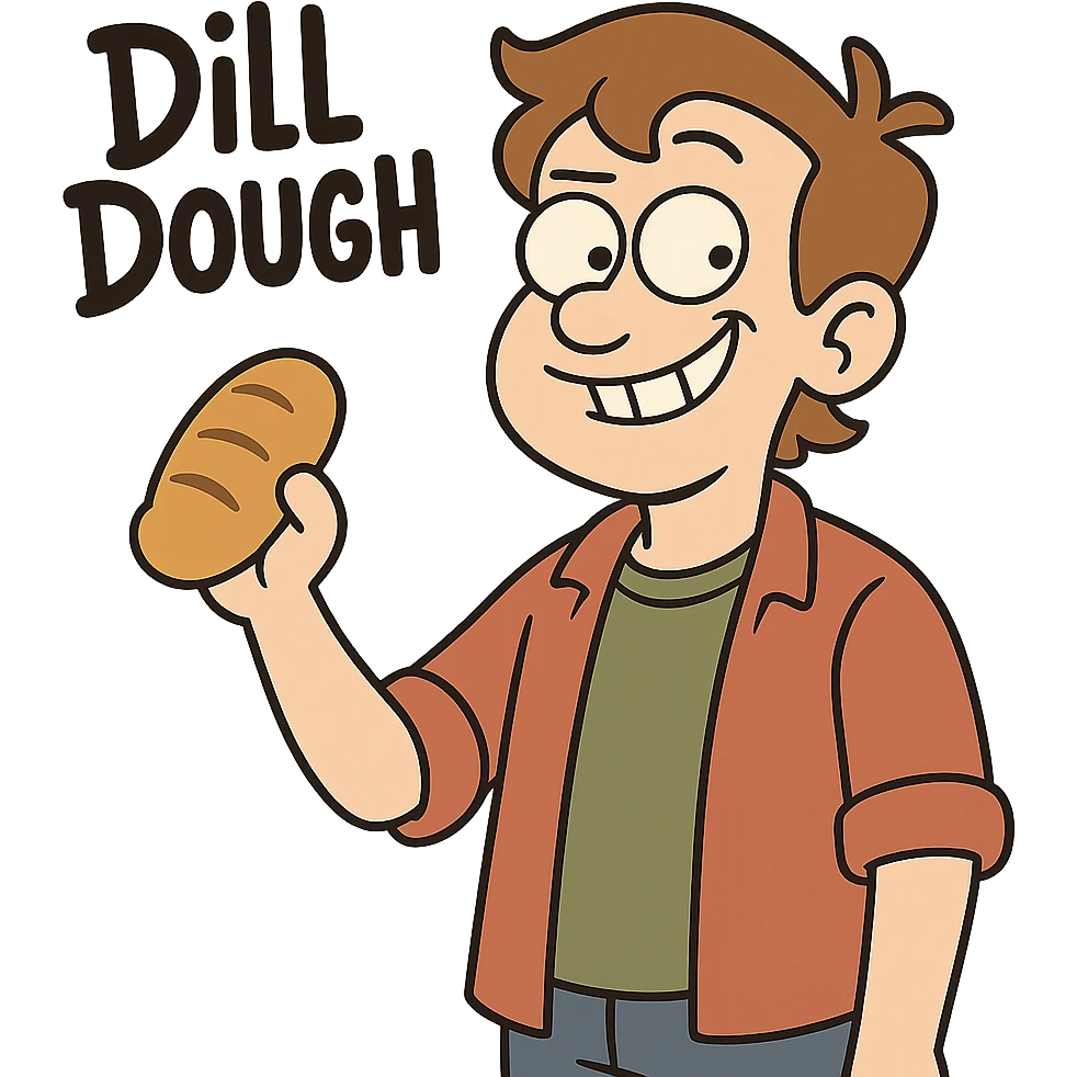 A playful cartoon character named Dill Dough with a mischievous smile, casual clothes, light brown hair, holding a bread roll, fun and lighthearted. emoji