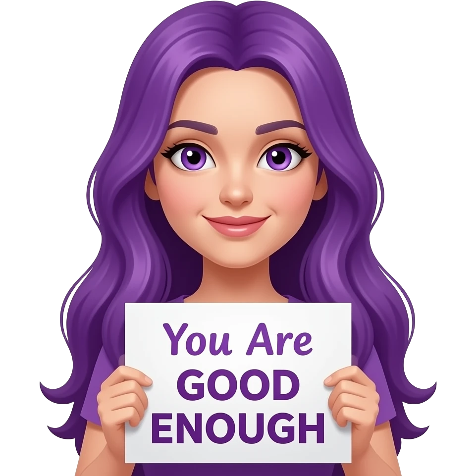 sexy girl with long purple hair and purple eyes holding a You Are GOOD ENOUGH sign emoji