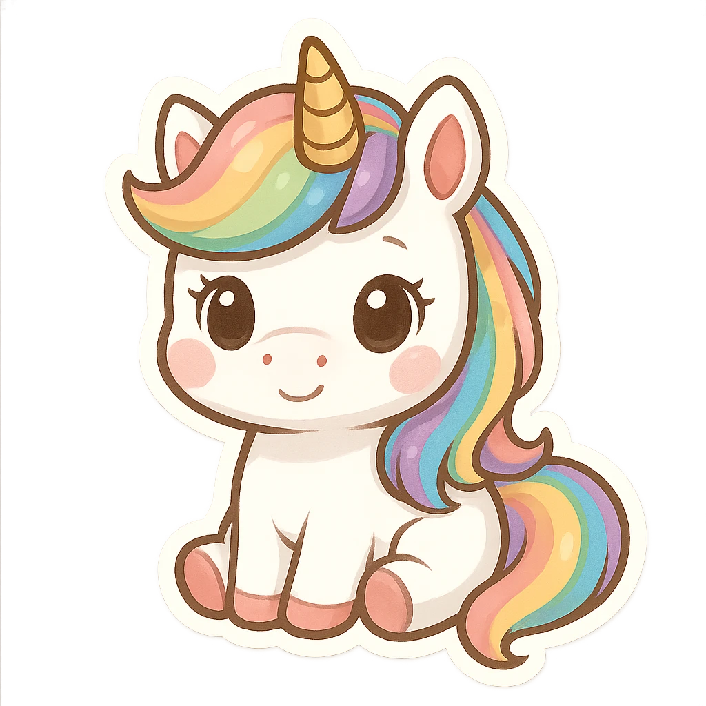 chibi sticker-style unicorn with a rainbow mane, cute and exaggerated emoji