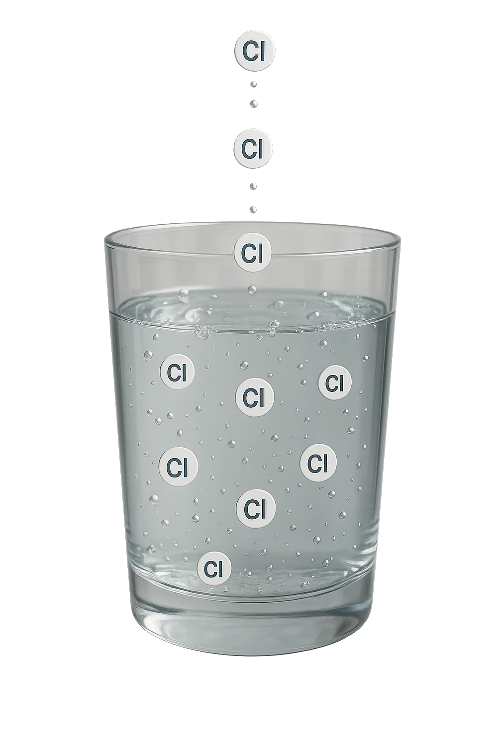 un bicchiere di acqua fluttua in aria realistico e dettagliato, dentro l'acqua del bicchiere ci sono particelle di cloro ben visibili con la scritta "Cl" sopra, ci sono particelle anche che escono dal bicchiere e fluttuano in aria verticalmente, mentre alcune sono all'interno dell'acqua nel bicchiere, iperrealistico 4k emoji