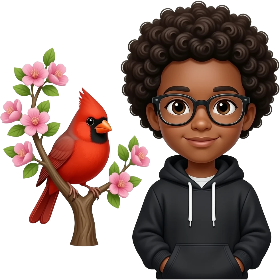 Red cardinal on a tree with pink and green flowers and African American boy with Afro eyeglasses and black hoodie emoji