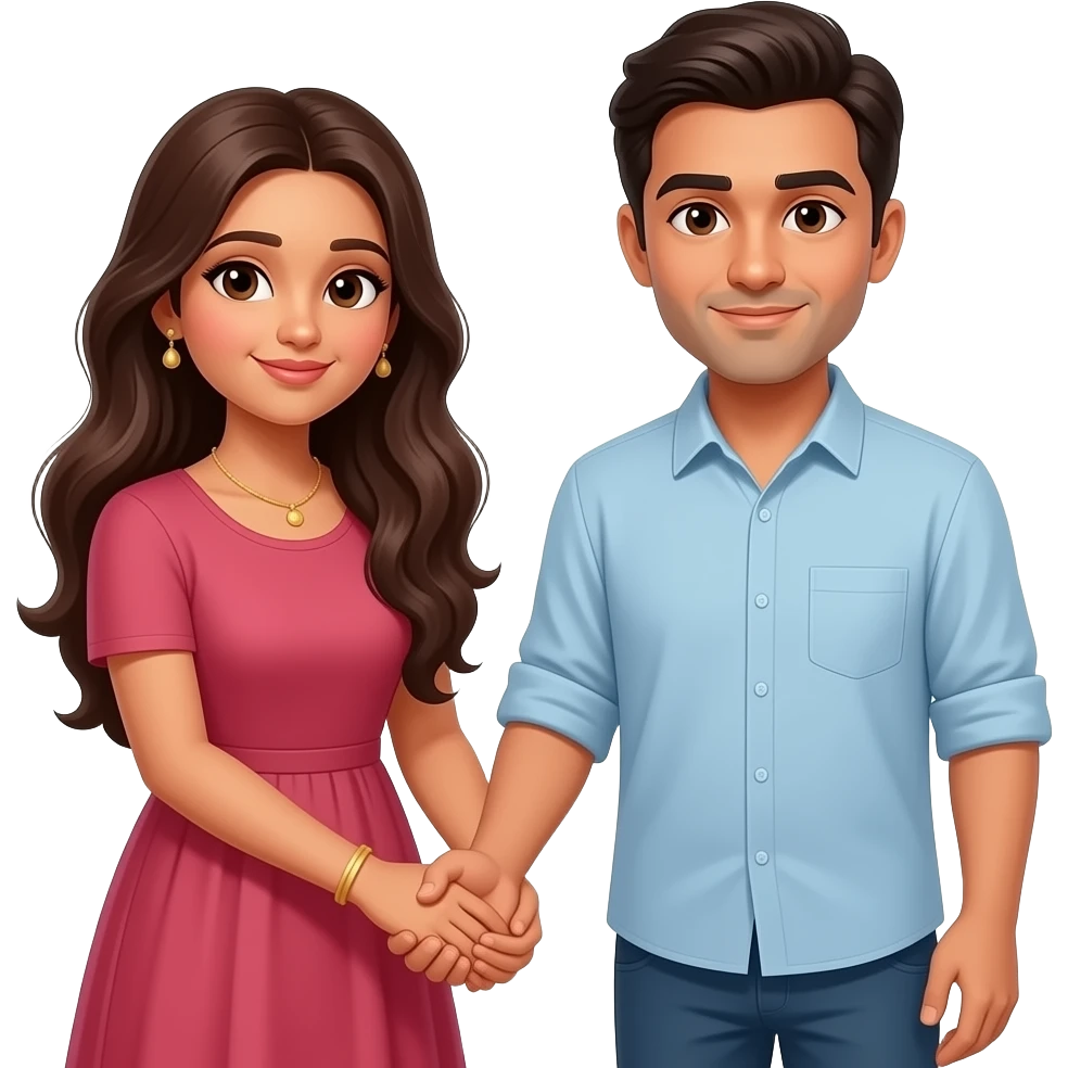 Long haired Indian woman holding husband hands shyly emoji