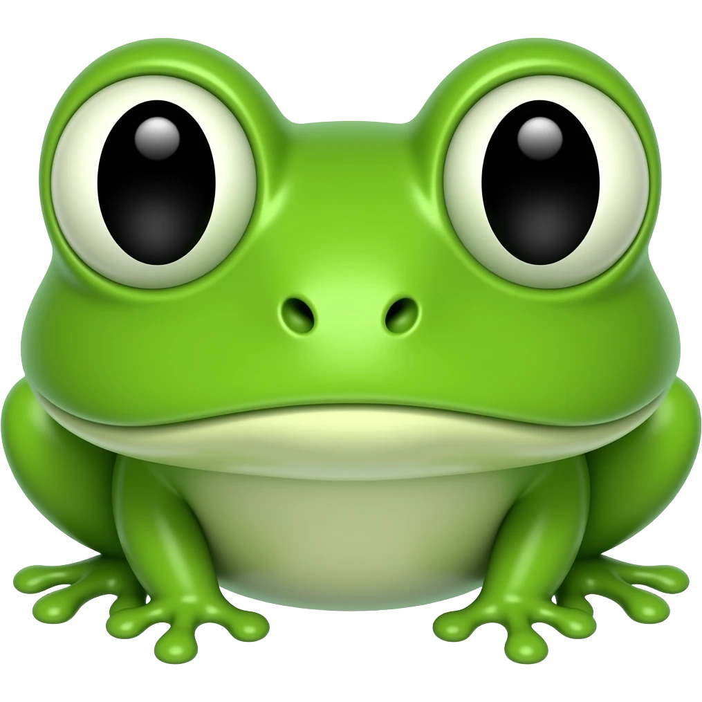 Frog & Peach Pub: stylish 3D emoji style, glossy surface, soft shadows, white background, centered, no text, cute frog character, big expressive eyes, bright green, emoji