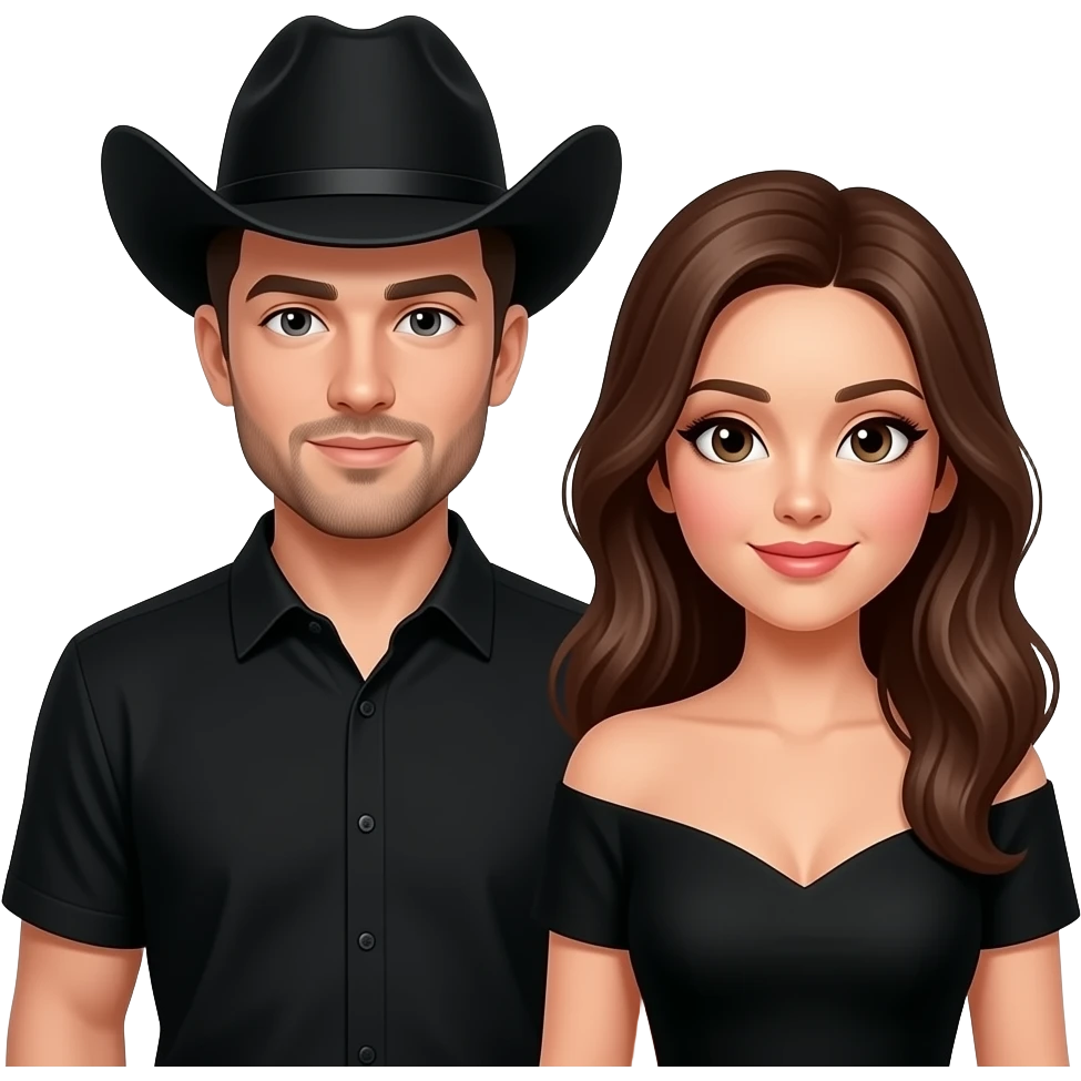 una pareja vestidos de negro el hombre con ropa negra y sombrero de vaquero negro y la chica con vestido negro emoji