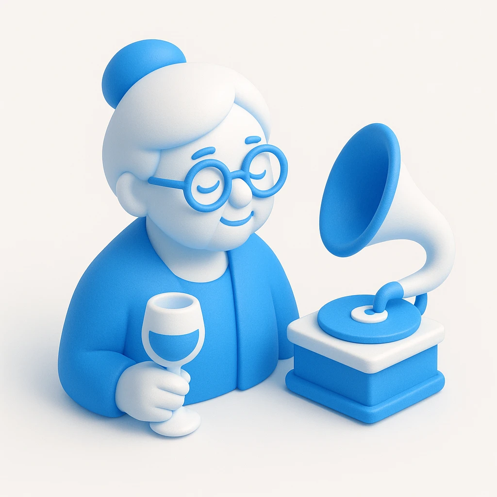 old lady with wineglass listening to gramophone emoji