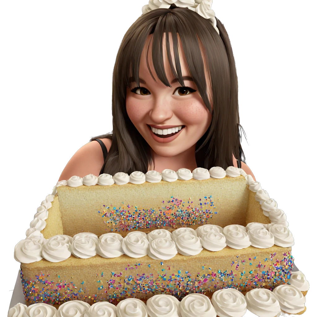 smiling girl with cake emoji