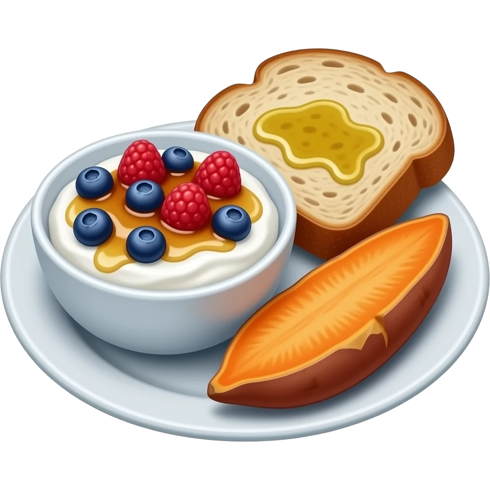 Realistic Plate with greek yogurt bowl topped with blueberries raspberries and maple syrup and sourdough slice topped with a lot of olive oil and a sweet potato on the side HD emoji