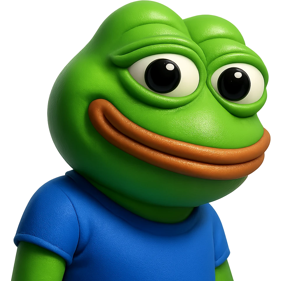 pepe in
- 3d style
- bright green
- blue shirt
- smiling
- looking straight at the camera
- good highlights and shadows
- 30deg angled towards the right emoji