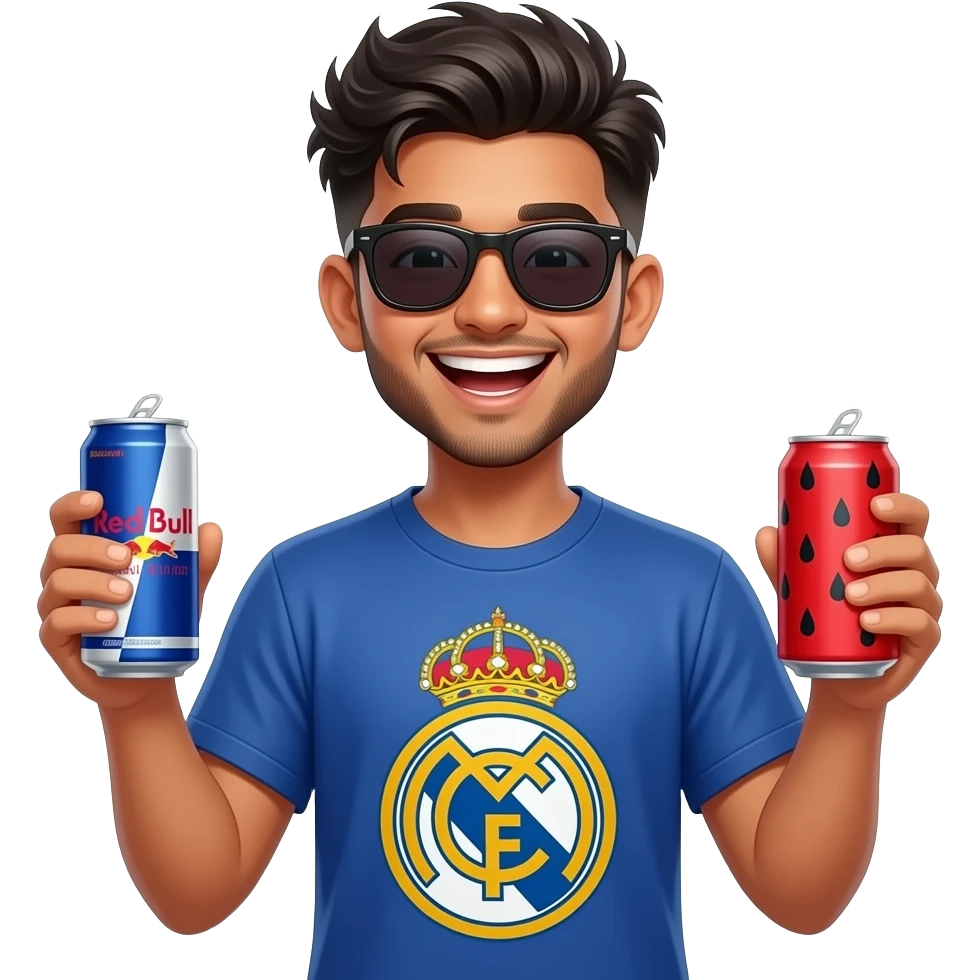 Indian young boy, athlete build laughing,, late teens, with light trimmed beard, side fades with messy spikes hairstyle, drinking red watermelon Can Red Bull with big dark black wayfarers and Real Madrid logo tshirt emoji