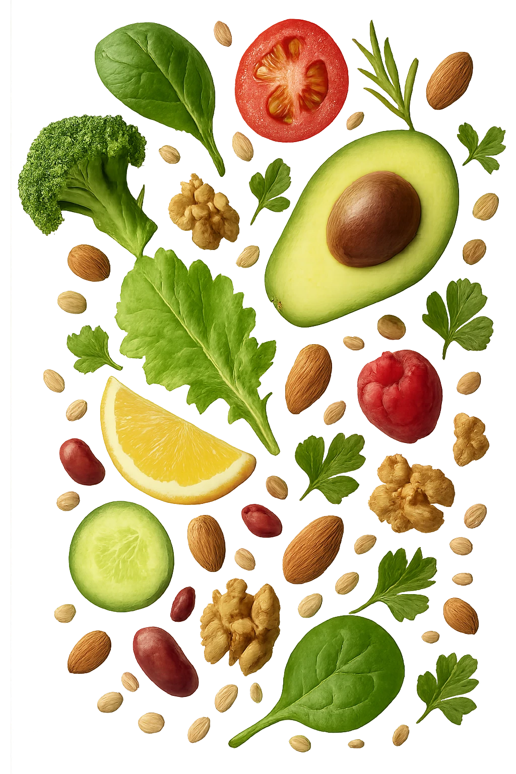 CIBO SANO CHE CADE VERTICALMENTE DALL'ALTO, IPERREALISTICO DALL'ALTO emoji