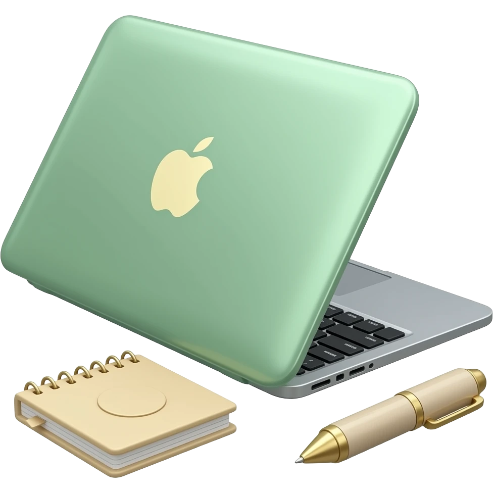 un ordianteur entre-ouvert vert pomme avec un cahier a ressort beige et un stylo kawaii a coter. La vue est en 3/4 Ajoute subtilité pour renforcer l'impression de luxe de la scène. L'ensemble est isolée sur un fond blanc. emoji