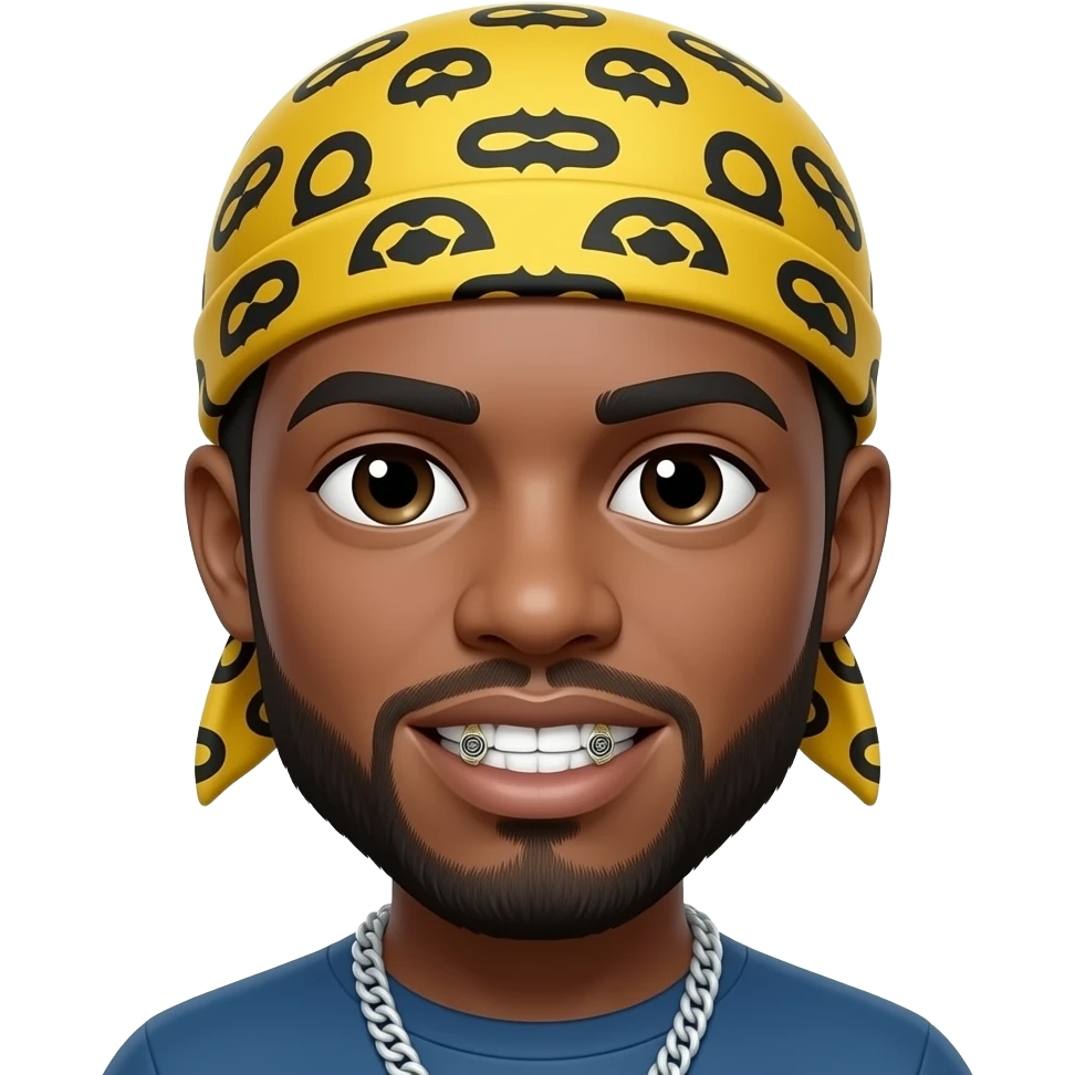 Durag on a yellow head emoji with grills on teeth emoji