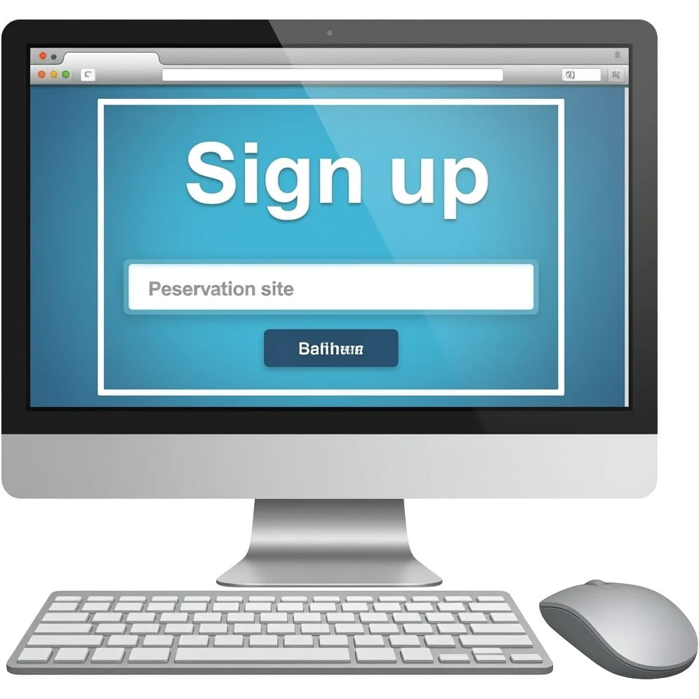 Sign up word with Reservation site wIth computer with no people with mouse emoji
