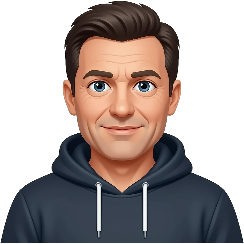 European-looking IT Businessman with dark hair, in hoodie , age ~50 emoji