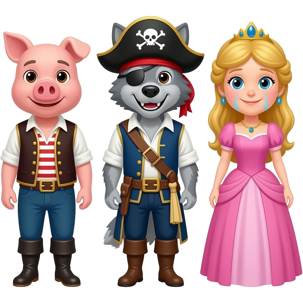 Three little pigs, wolf, pirate, princess, happy, and sad emoji