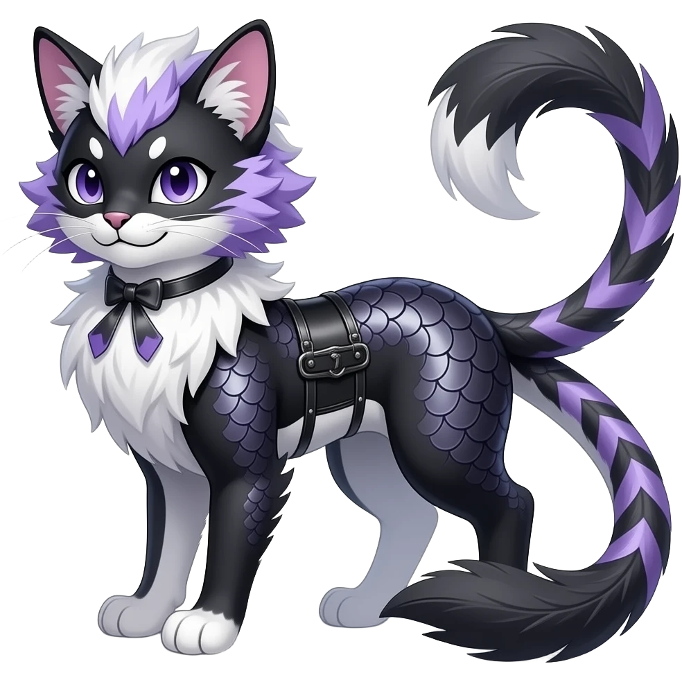 Corset-patterned Slim stylish feather-maned elegant realistic Asian Furry, feathery fluffy tropical flecked painted feathery scaly, Purple, white, black, Minccino-Bambino-Lykoi-Linoone-Zangoose-fusion-hybrid-animal-Fakémon-creature, full body, thin long sleek scaly tail, intricate markings emoji