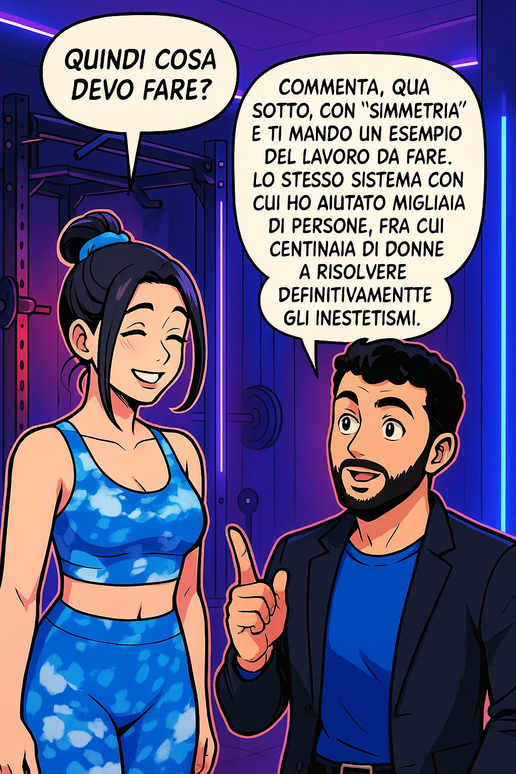TRASFORMA QUESTO CAROSELLO IN UN FUMETTO STILE WEBTOON/MANGA A COLORI CON QUESTE DUE PERSONE IDENTICHE CHE INTERLOQUISCONO TRA LORO, LA DONNA SEMBRA SOLLEVATA/SODDISFATTA E CONTENTA:

LEI (DONNA): Quindi cosa devo fare?
LUI (UOMO): Commenta, qua sotto, con “simmetria” e ti mando un esempio del lavoro da fare. Lo stesso sistema con cui ho aiutato migliaia di persone, fra cui centinaia di donne a risolvere definitivamente gli inestetismi. emoji