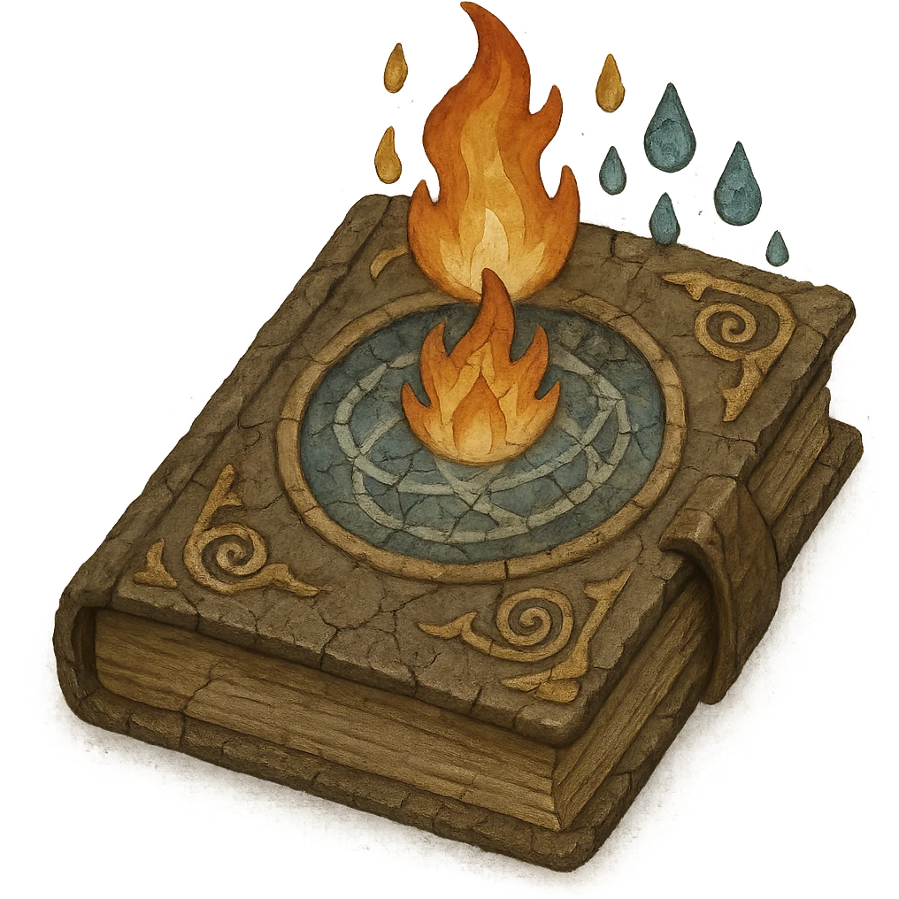Make the mystical tome with elemental emblems look ancient, with cracked covers, faded magical auras, and worn pages, in the style of apple emojis. Remove the background. emoji
