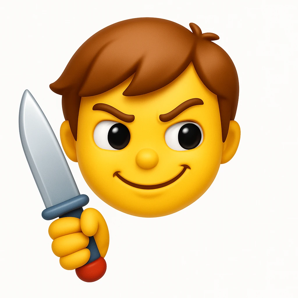 A 3D emoji in iOS emoji aesthetic style of a mischievous character holding a toy knife, with a playful smirk and cartoonish expression, not scary, bright colors, glossy surface, soft lighting, clean white background.
 emoji