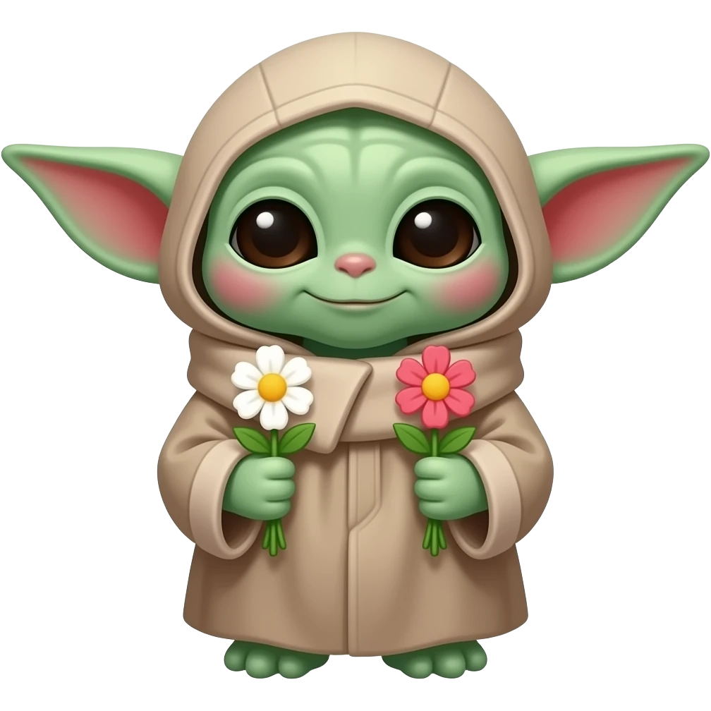 grogu with hood on holding flowers with transparent background emoji