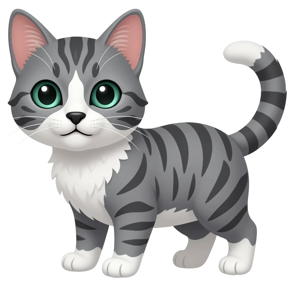 A grey tabby kitten with a black nose, black whiskers, a white muzzle, white chest and white belly, white paws, a white tip on the end of its tail and dark teal green eyes. emoji