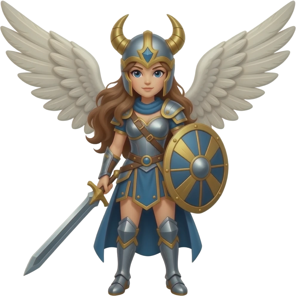 valkiria - Alas en el casco, espada, escudo pelo largo  café, cuerpo completo emoji