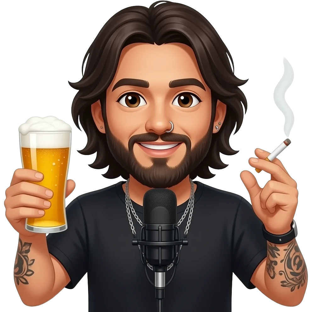 The handsome manly Latino podcast host with medium length hair, a long beard and tattoos with his ears pierced and a nose ring on the right side, dark brown eyes, partying with beers and cigarettes emoji