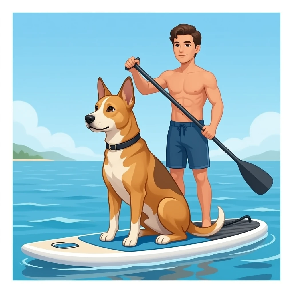 Podenco joung adult sitting sphinx like on sup in front front of the paddler on sea emoji