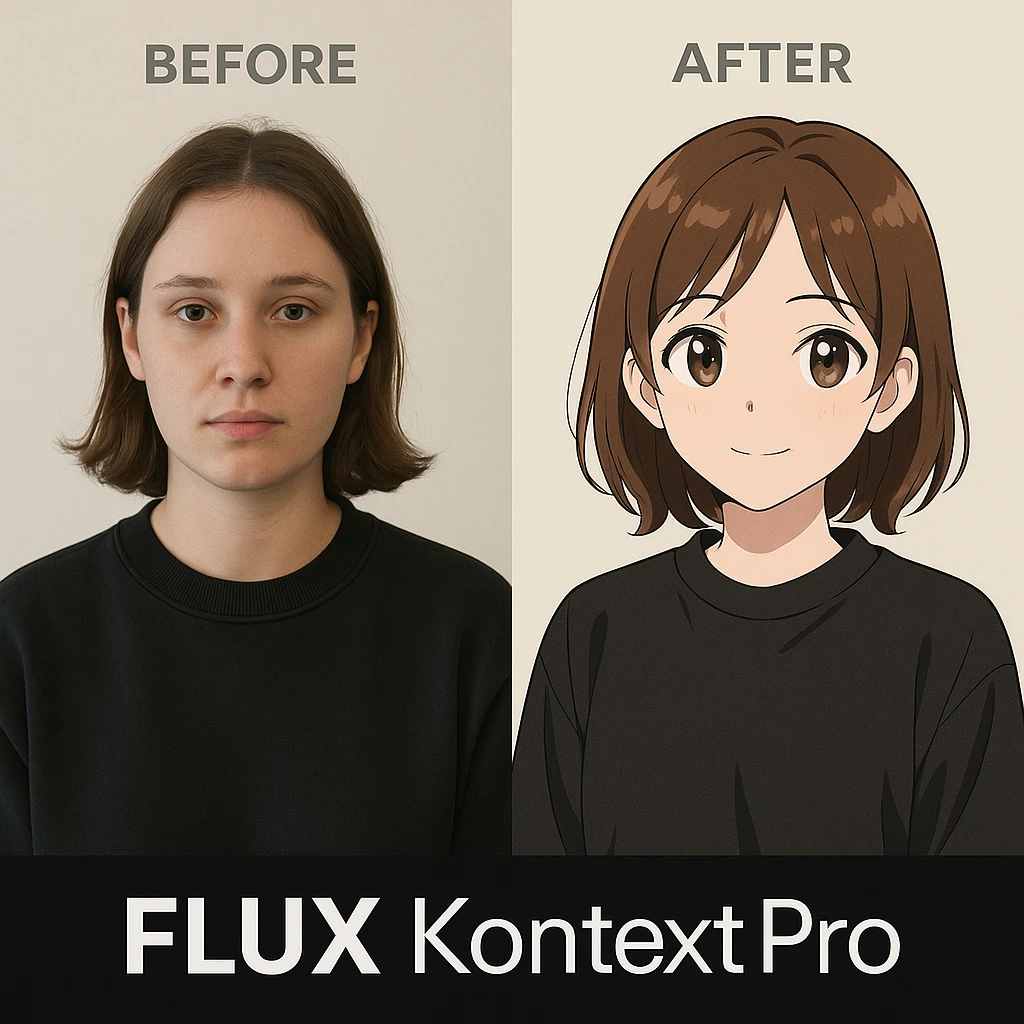 create before after image of a girl before is realsitic photo, after is anime version of her in same pose and clothes, add logo with text of a "FLUX Kontext Pro" emoji