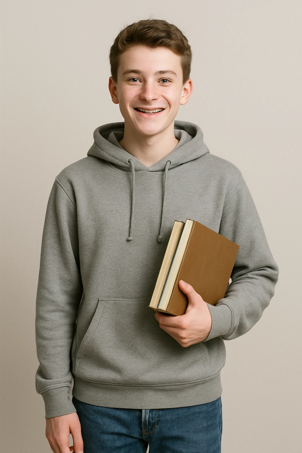 white teenage boy student, wearing a hoodie and jeans, smiling, holding books, simple background emoji