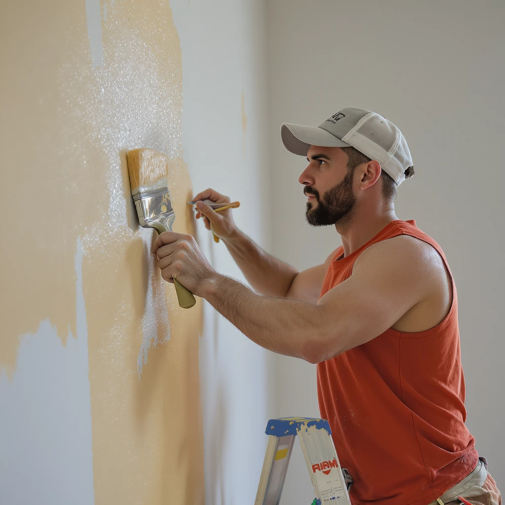 a painter on a ladder painting a wall, realistic style emoji