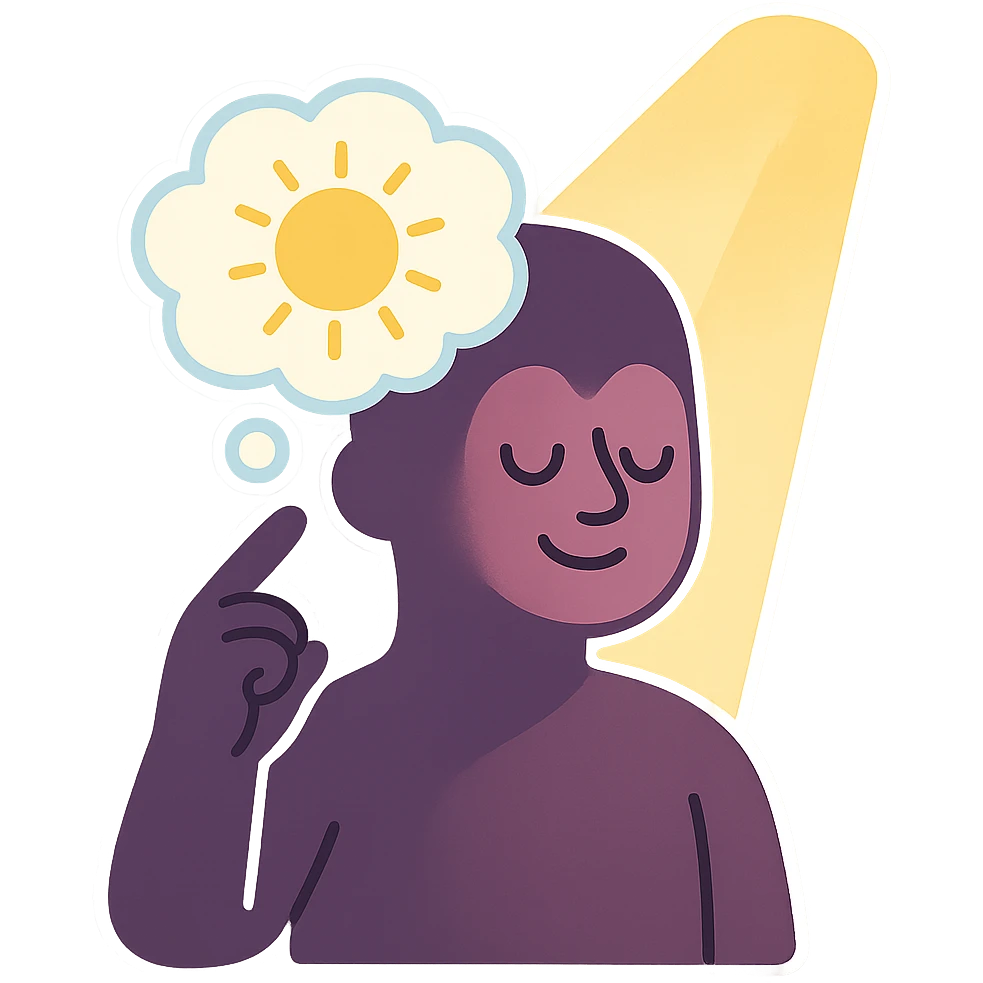 silhouette with thought cloud and sunbeam, symbol of mindfulness and insight, pastel toon style, clear contours, soft shadows and highlights, white outline emoji