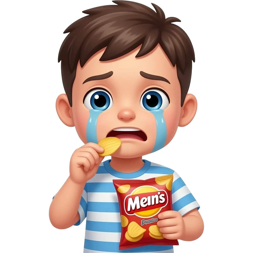 A crybaby boy, eating a bag of man chips emoji