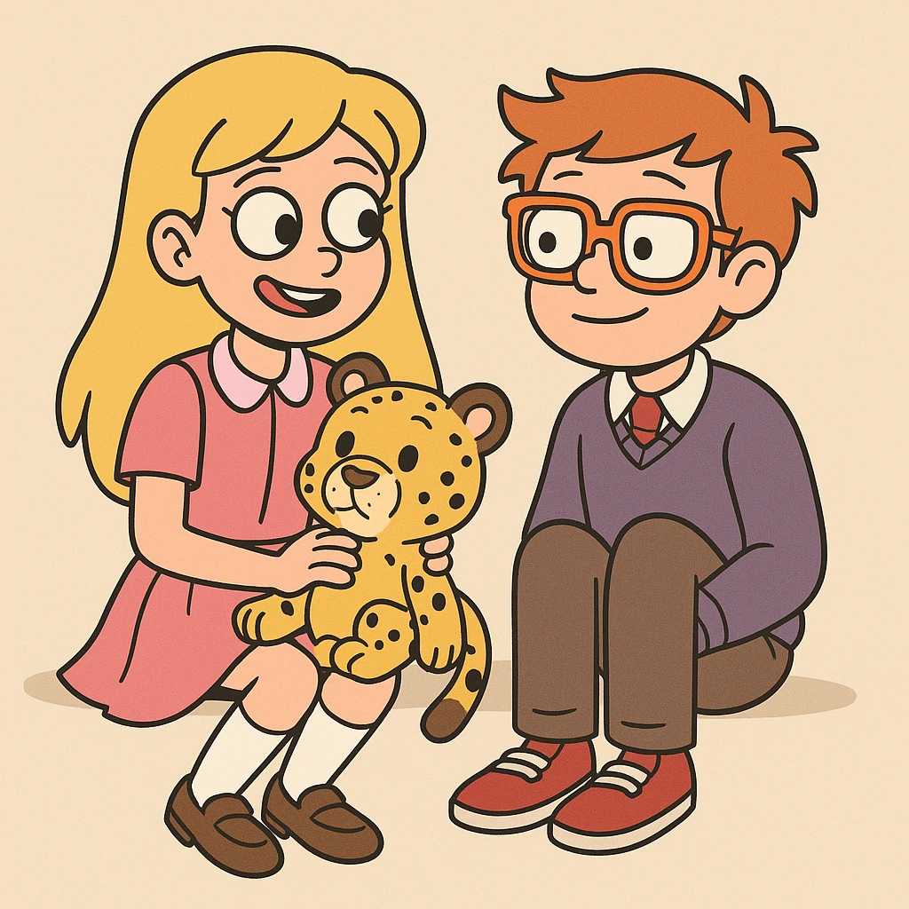 A Girl yellow hair Baby dresses pink school uniform white knee highs sock brown loafer girls shoes plushie Cheetah a boy orange glasses with shirt pjumper purple a pink red tie shoe emoji