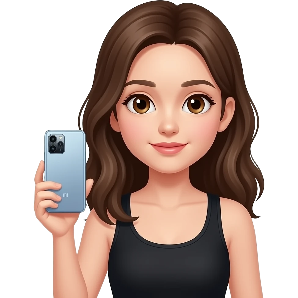 Девочка с коричневыми волосами карими глазами в черной майке с телефоном Xiaomi 11 T в руке emoji