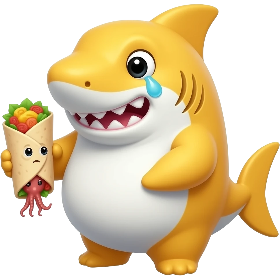 Make a fat yellow shark holding a squid with a burrito crying emoji