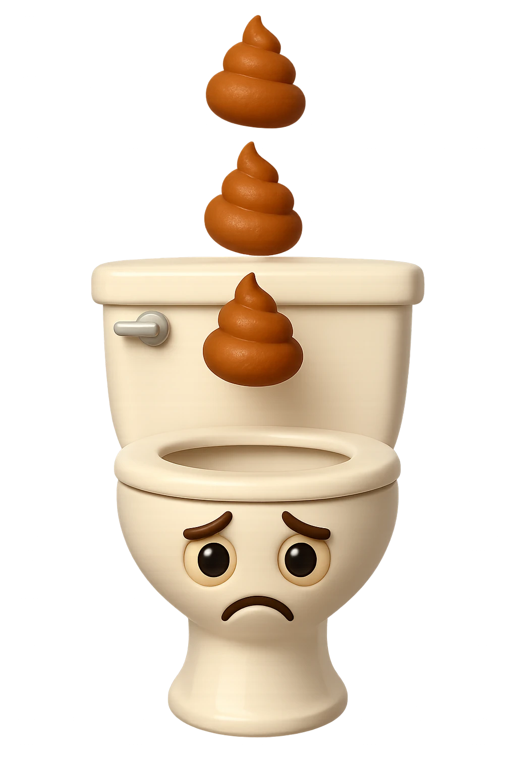 EMOJI STILE IPHONE 3D DI un water con palline di cacca tristi che cadono dall'alto verticalmente, iperrealistico 4k emoji