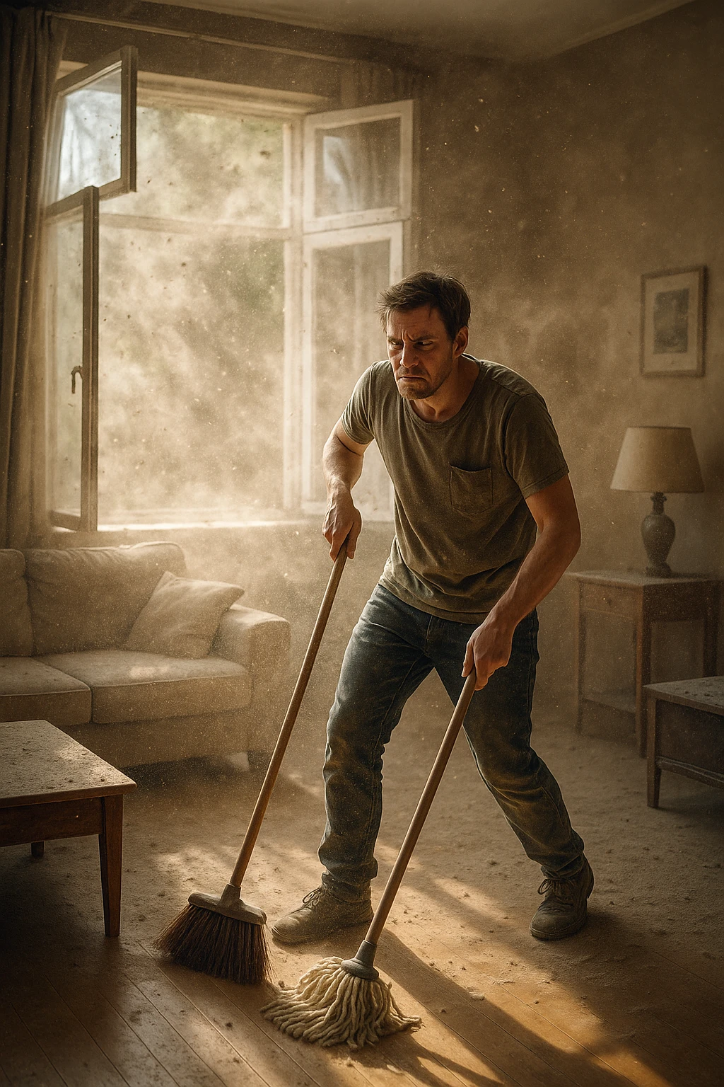 A realistic, cinematic image of a person cleaning a living room with a mop and broom, windows wide open letting in a strong gust of wind. Through the open windows, thick clouds of dust, pollen, and small debris visibly swirl into the room, floating in sunbeams that highlight the particles in the air. The person looks frustrated and tired, mid-action sweeping but clearly battling the incoming dust. Around the room, some furniture and surfaces already show a thin layer of dust settling. The scene is bathed in natural daylight with a slightly hazy atmosphere due to the airborne dust. The color palette uses warm, muted tones emphasizing the contrast between cleanliness efforts and the stubborn dirt and dust invading the space. The focus is on the tension between trying to clean and the unavoidable mess coming in from outside. emoji