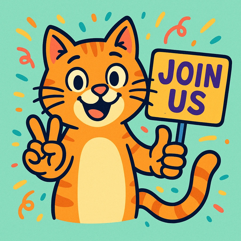 A cartoon cat with expressive paws forming hand signs, next to a sign that reads 'Join us', cheerful and welcoming, colorful and fun style. emoji