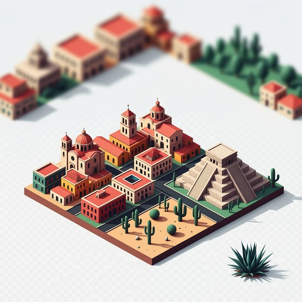 Isometric minimalistic illustration of Mexico subtle 3D miniature effect and Tilt Shift effect, no cartoonish look, transparent background. emoji