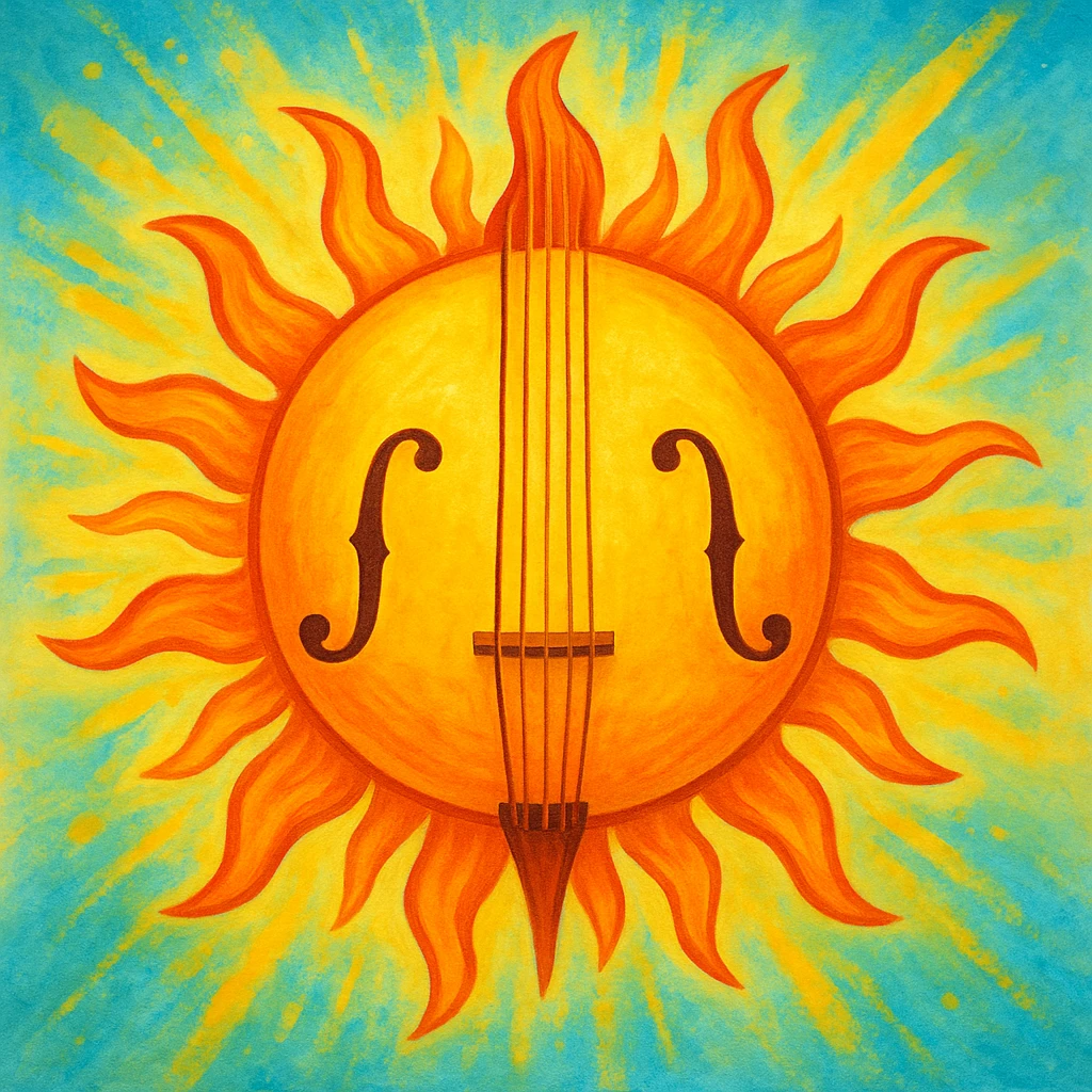 A summer sun with cello strings and f-holes, blending musical and sunny elements, vibrant and creative. emoji