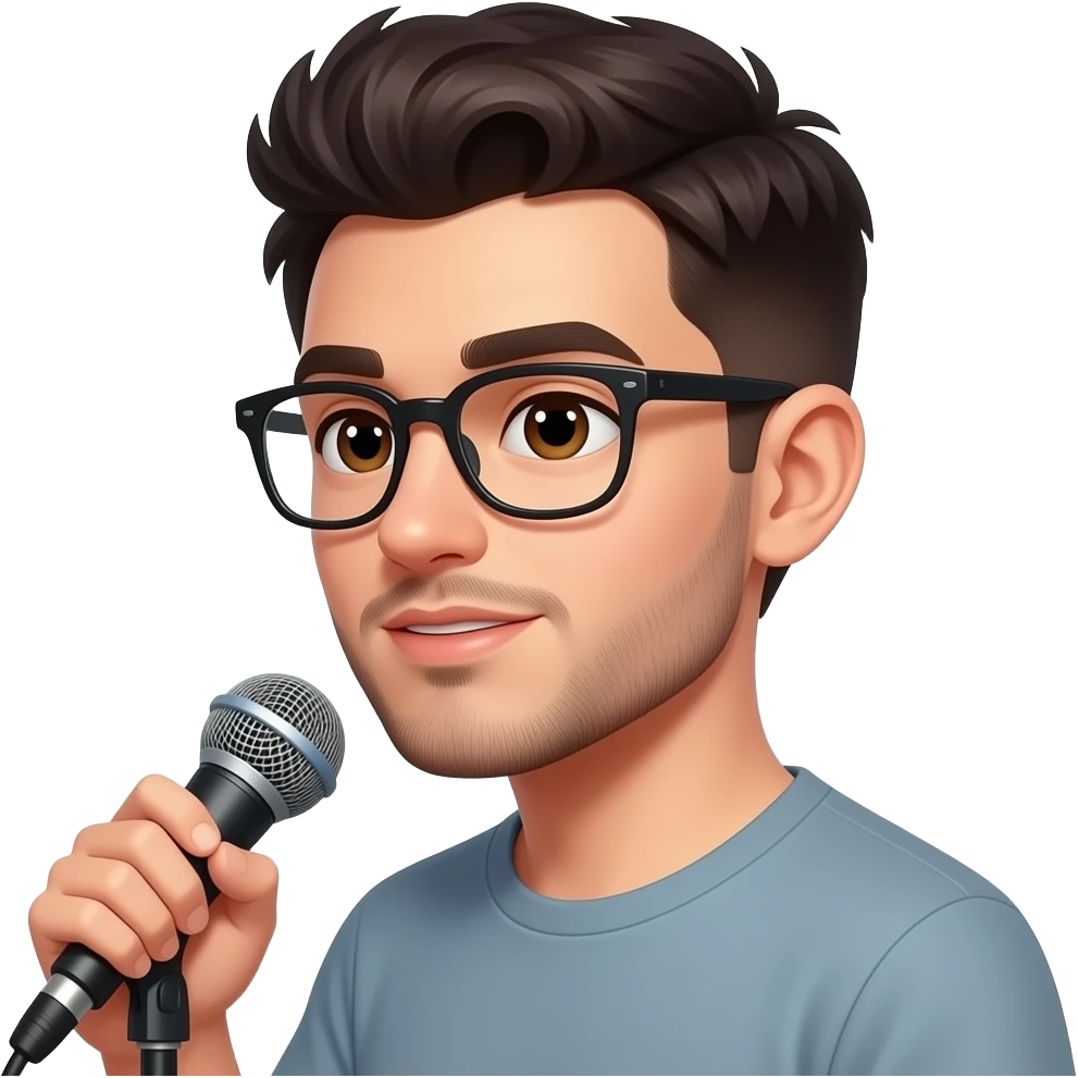 Парень, темноволосый, с карими глазами, в очках, с короткой бородой, которая проходит вдоль линии подбородка и соединяется в маленькую полоску под нижней губой и короткими усами но они не соединены с бородой, щёки выбриты, с кроткой длиной волос , стоит в профиль и говорит что-то в микрофон emoji