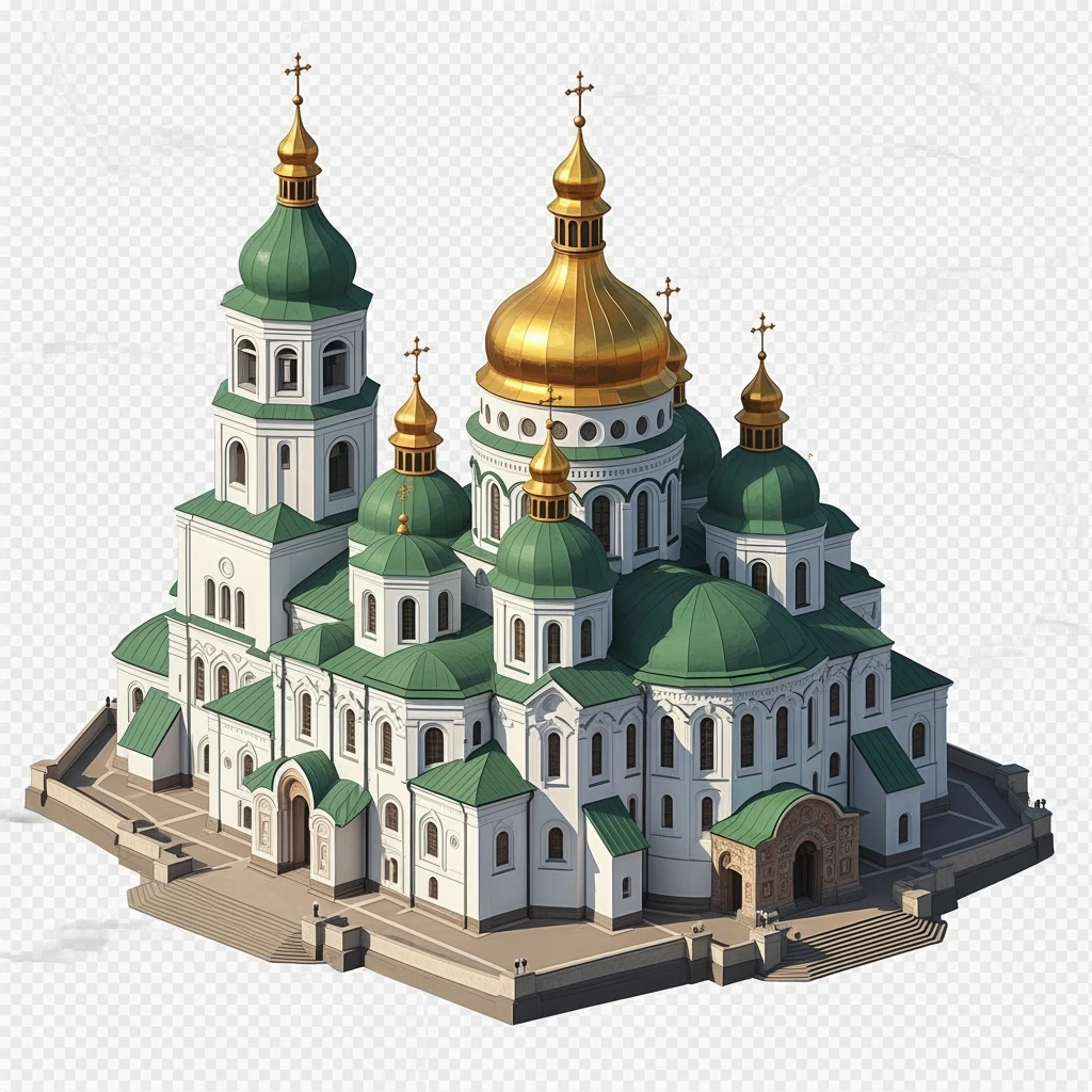 Isometric illustration of photorealistic Saint Sophia Cathedral in Kyiv, balanced between paint stylized and realistic, 3D miniature effect, transparent background. emoji