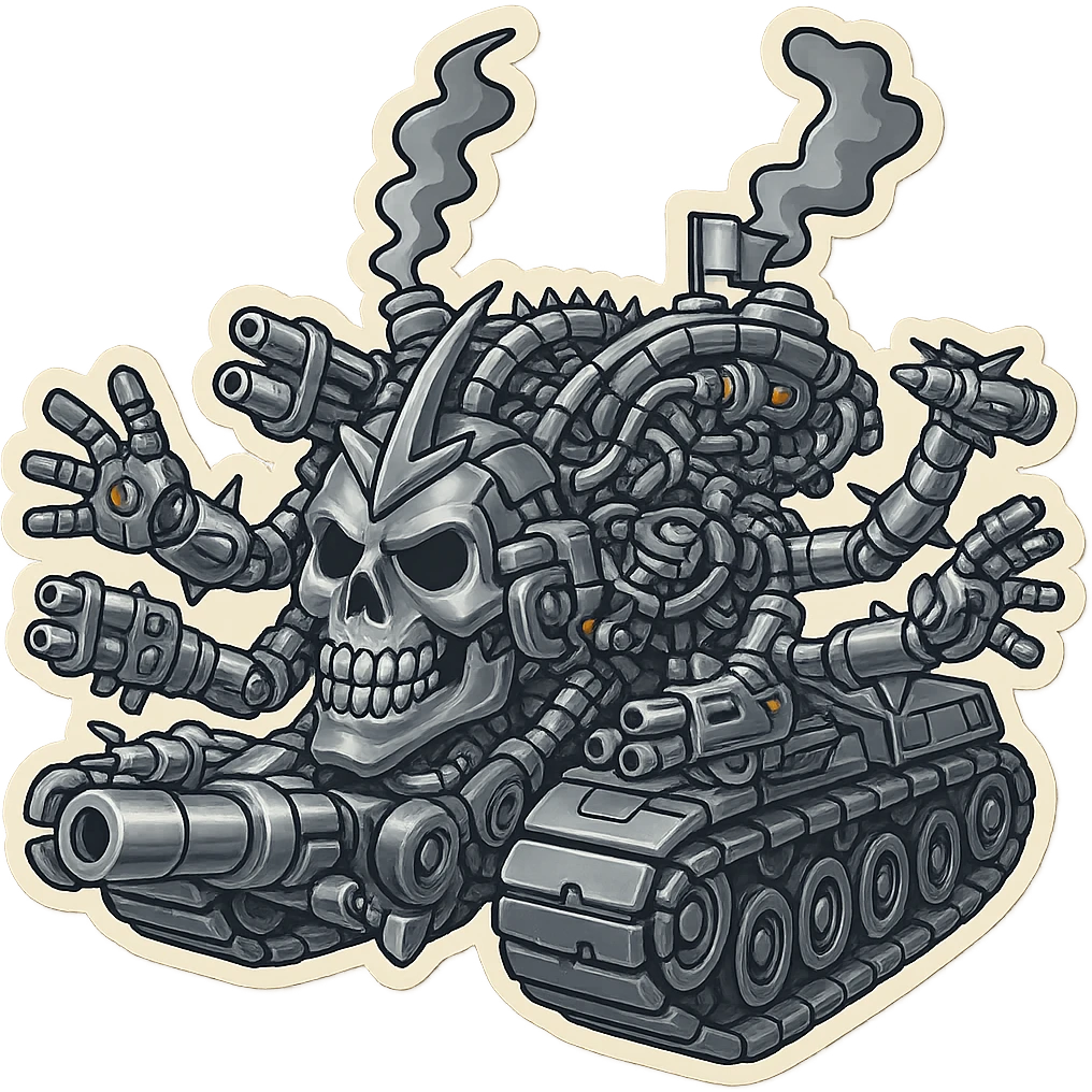 Edit the skull robot tank to have 4 distinct arms, shiny silver metal texture, more weapons, in a retro stickers style with clean outline and minimal color accents, transparent background. emoji