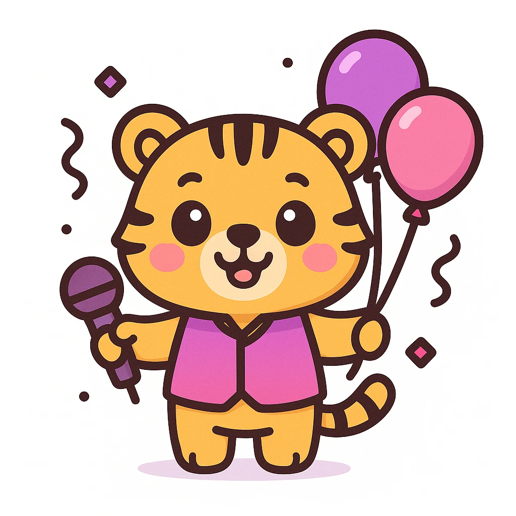 cute cartoon-style male tiger mascot with neotenic features: large round head, big shiny eyes, small nose and mouth, short arms and legs, chubby body, smiling happily, standing upright, wearing a purple and fuchsia vest or shirt, holding both balloons and a microphone, surrounded by soft party elements like confetti, bold outlines, soft colors purple to fuchsia gradient, gold accents, white, clean vector style, extremely cute, evokes tenderness, plain white background emoji