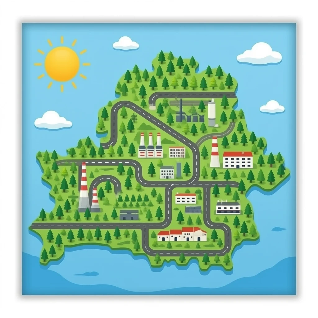 Слоистая карта: Нарисуй в квадратной рамке карту Беларуси, которая состоит из нескольких слоев: леса, дороги, города, заводы. emoji