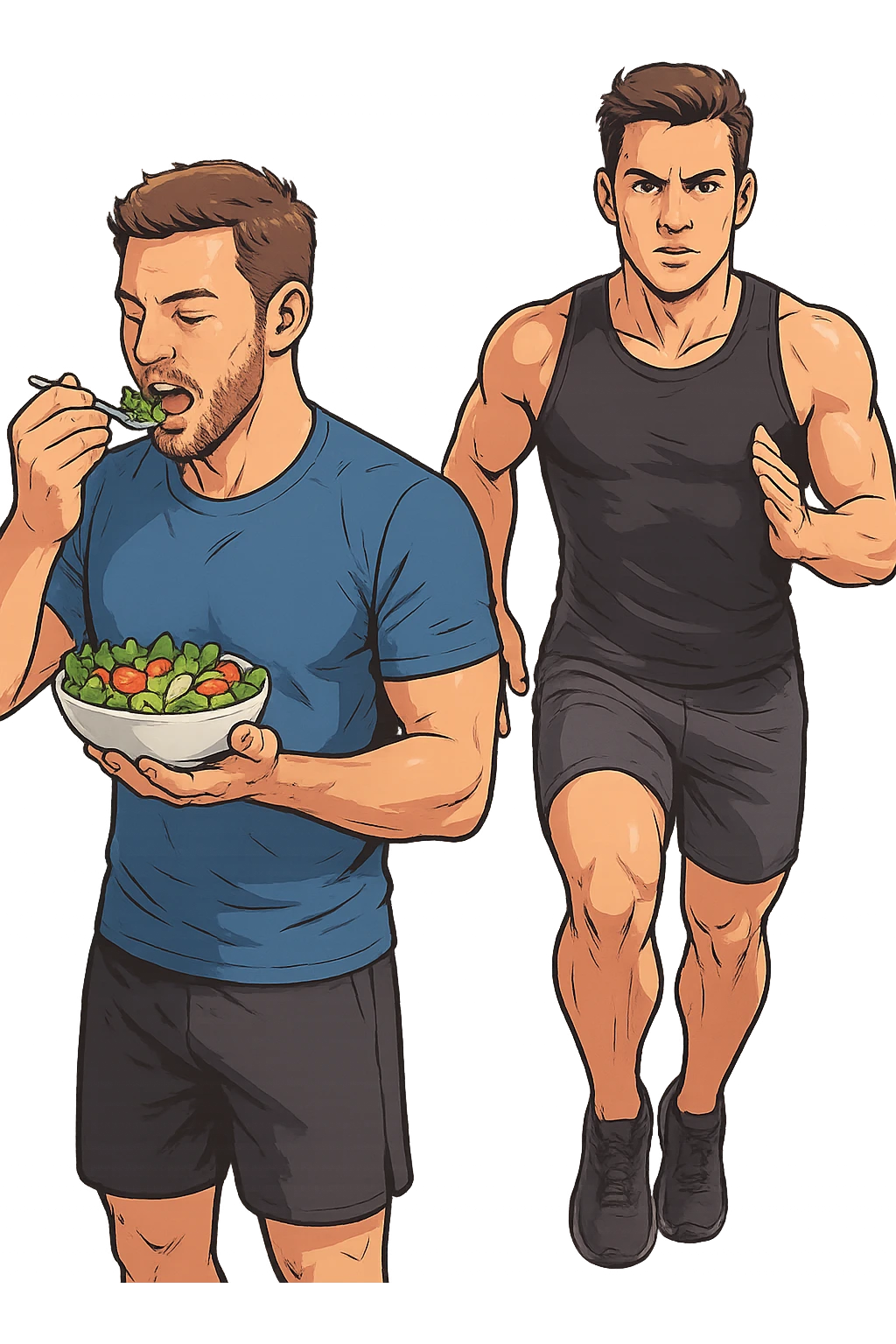 UOMO FITNESS CHE MANGIA INSALATA ACCANTO A UOMO FITNESS CHE CORRE IN POSA FRONTALE emoji