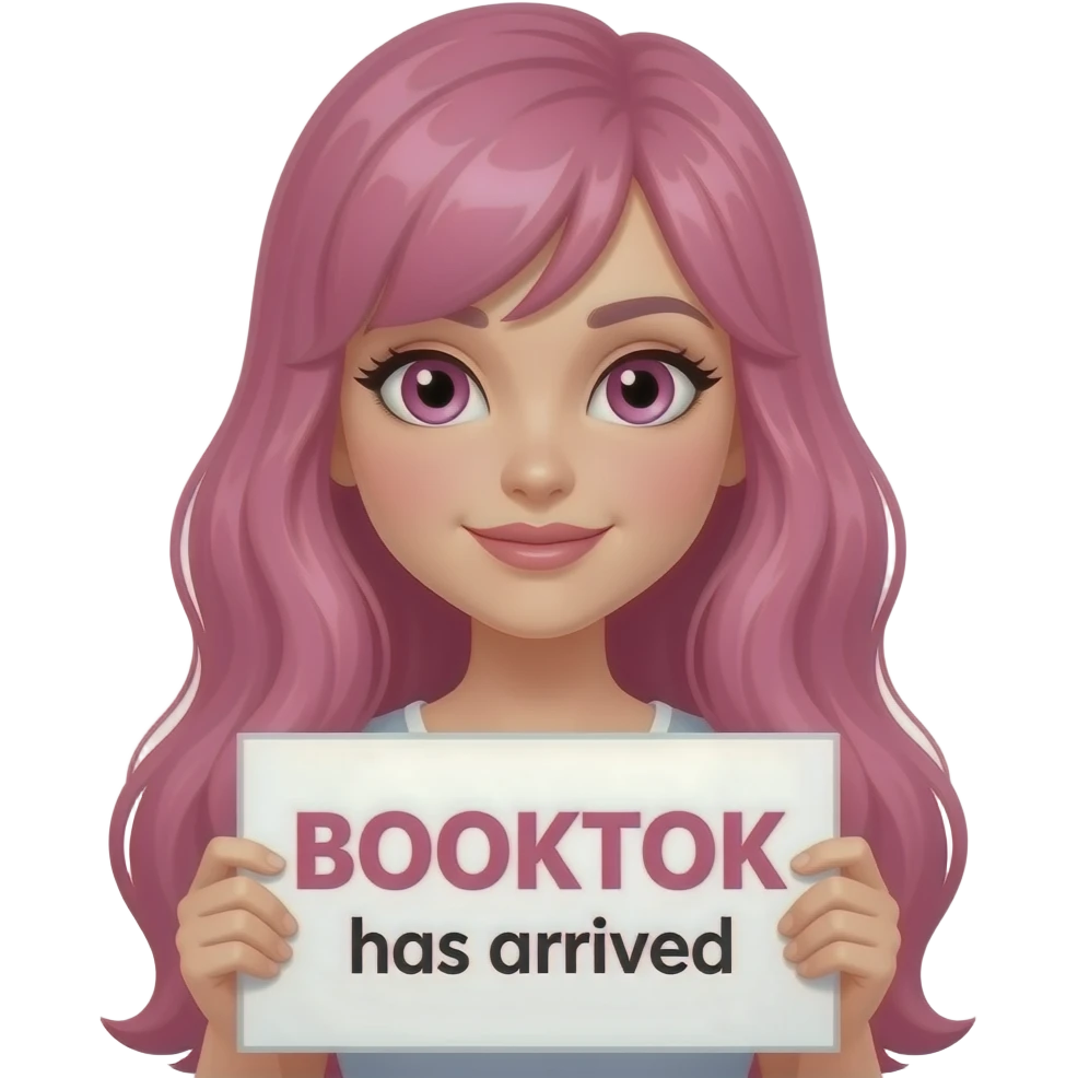 sexy girl with long pink hair and pink eyes holding a BOOKTOK has arrived sign emoji