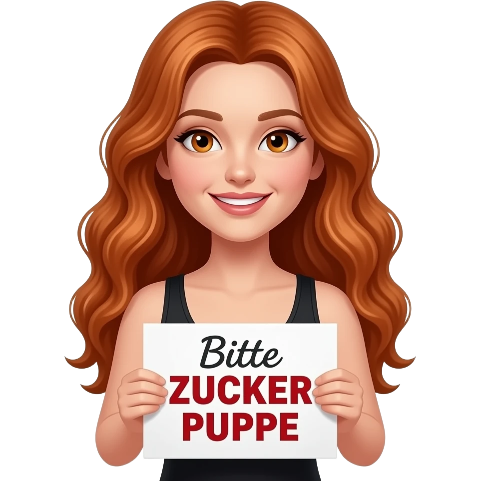 sexy girl with long wavy ginger hair and ginger eyes wearing a black tanktop is holding a white sign with Bitte ZUCKER PUPPE written on it emoji